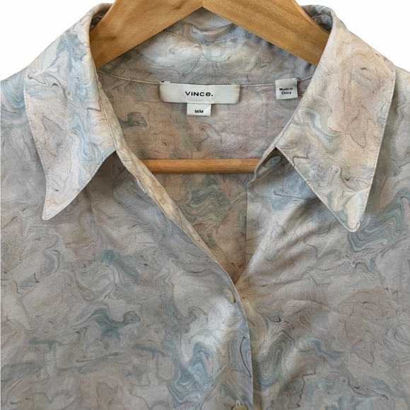 Vince Marble-Print Button-Down Shirt in Cream and Pale Blue - Picture 7 of 7